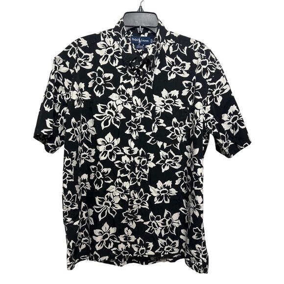 Ralph Lauren Greggor Mens Shirt L Black White Short Sleeve Hawaiian Floral Print - Picture 1 of 5